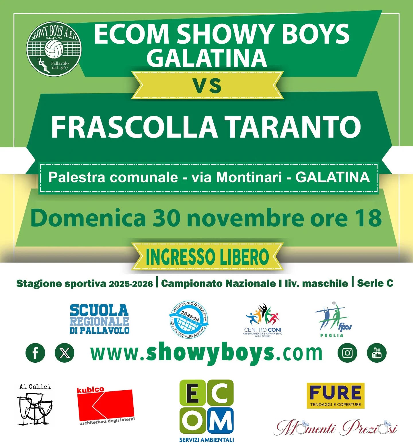 ☑️ Campionato Nazionale I livello Serie C - Il prossimo appuntamento per tifosi e simpatizzanti è Ecom Showy Boys Galatina - Frascolla Taranto in calendario oggi alla palestra comunale di via Montinari a Galatina. Fischio d’inizio alle ore 18.
🫵 Ti aspettiamo!