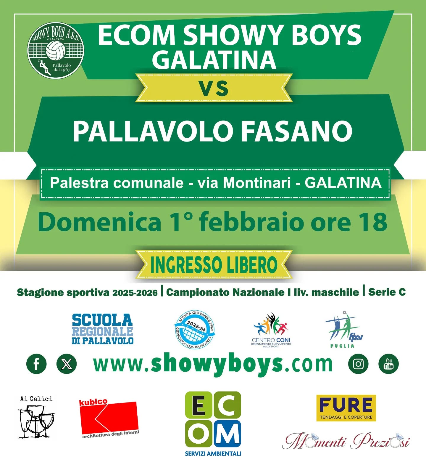 ☑️ Campionato Nazionale I livello Serie C - Il prossimo appuntamento per tifosi e simpatizzanti è Ecom Showy Boys Galatina - Pallavolo Fasano in calendario oggi alla palestra comunale di via Montinari a Galatina. Fischio d’inizio alle ore 18.
🫵 Ti aspettiamo!