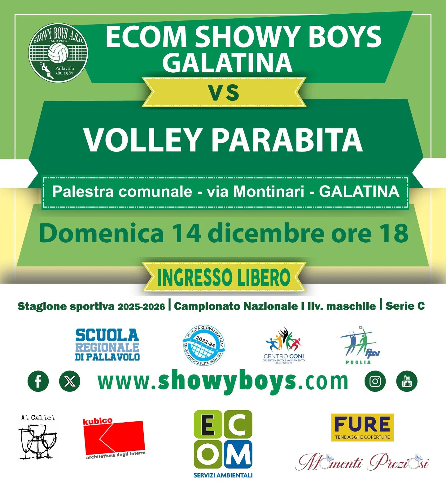 ☑️ Campionato Nazionale I livello Serie C - Il prossimo appuntamento per tifosi e simpatizzanti è Ecom Showy Boys Galatina - Volley Parabita in calendario oggi alla palestra comunale di via Montinari a Galatina. Fischio d’inizio alle ore 18.
🫵 Ti aspettiamo!