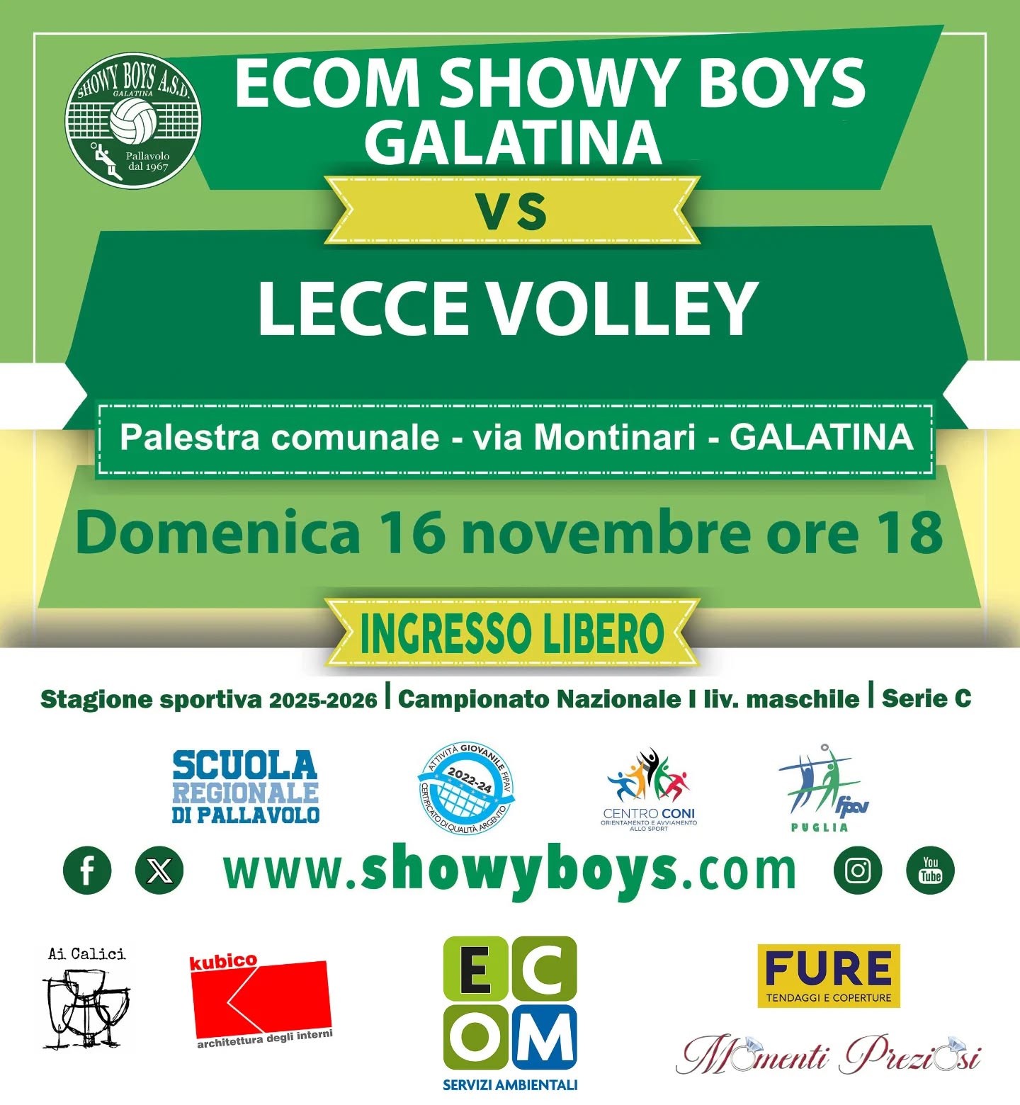 ☑️ SERIE C - Il prossimo appuntamento per tifosi e simpatizzanti è Ecom Showy Boys Galatina - Lecce Volley in calendario oggi alla palestra comunale di via Montinari a Galatina. Fischio d’inizio alle ore 18.
🫵 Ti aspettiamo!