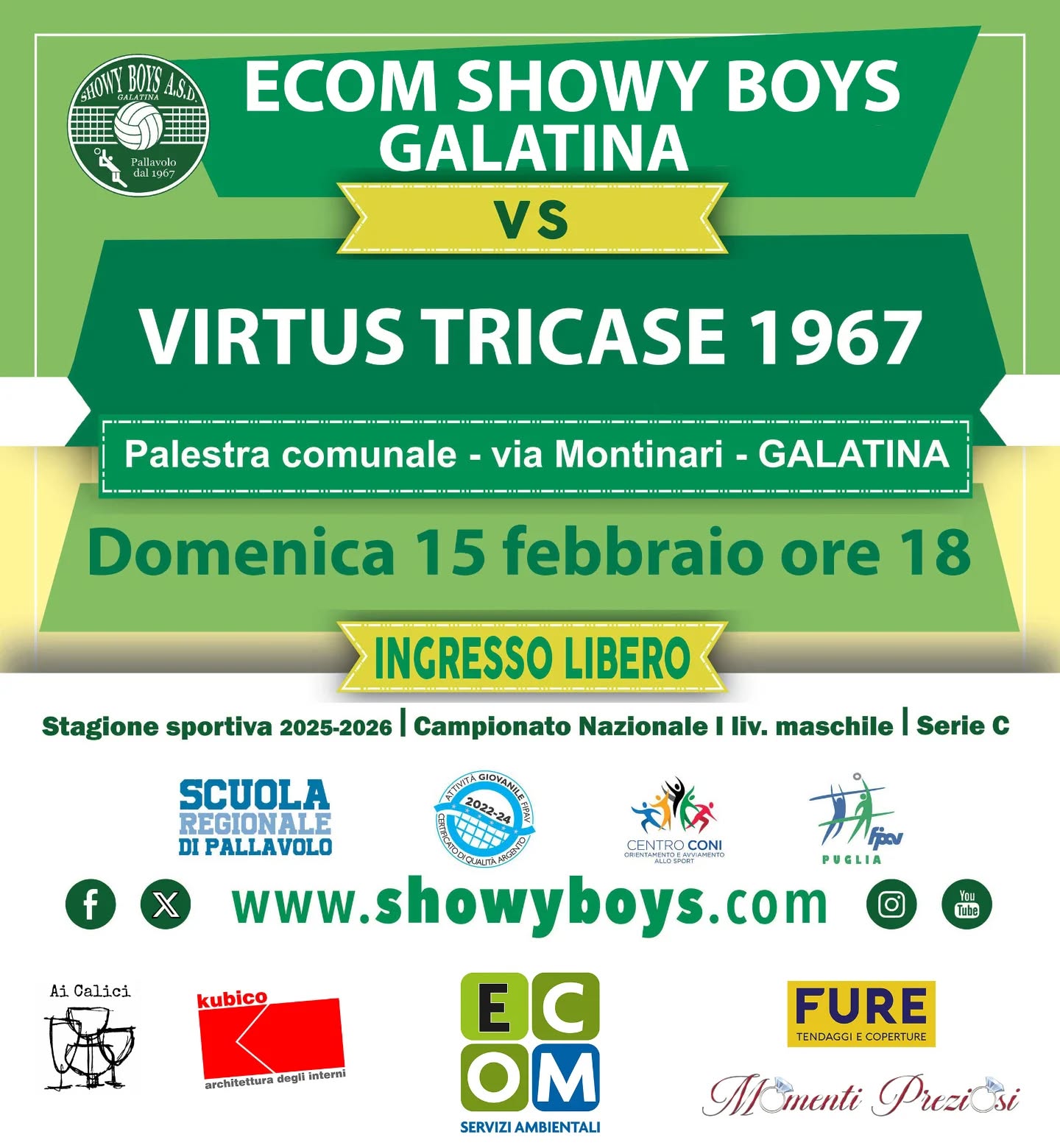 ☑️ Campionato Nazionale I livello Serie C - Il prossimo appuntamento per tifosi e simpatizzanti è Ecom Showy Boys Galatina - Virtus Tricase in calendario domenica alla palestra comunale di via Montinari a Galatina. Fischio d’inizio alle ore 18.
🫵 Ti aspettiamo!