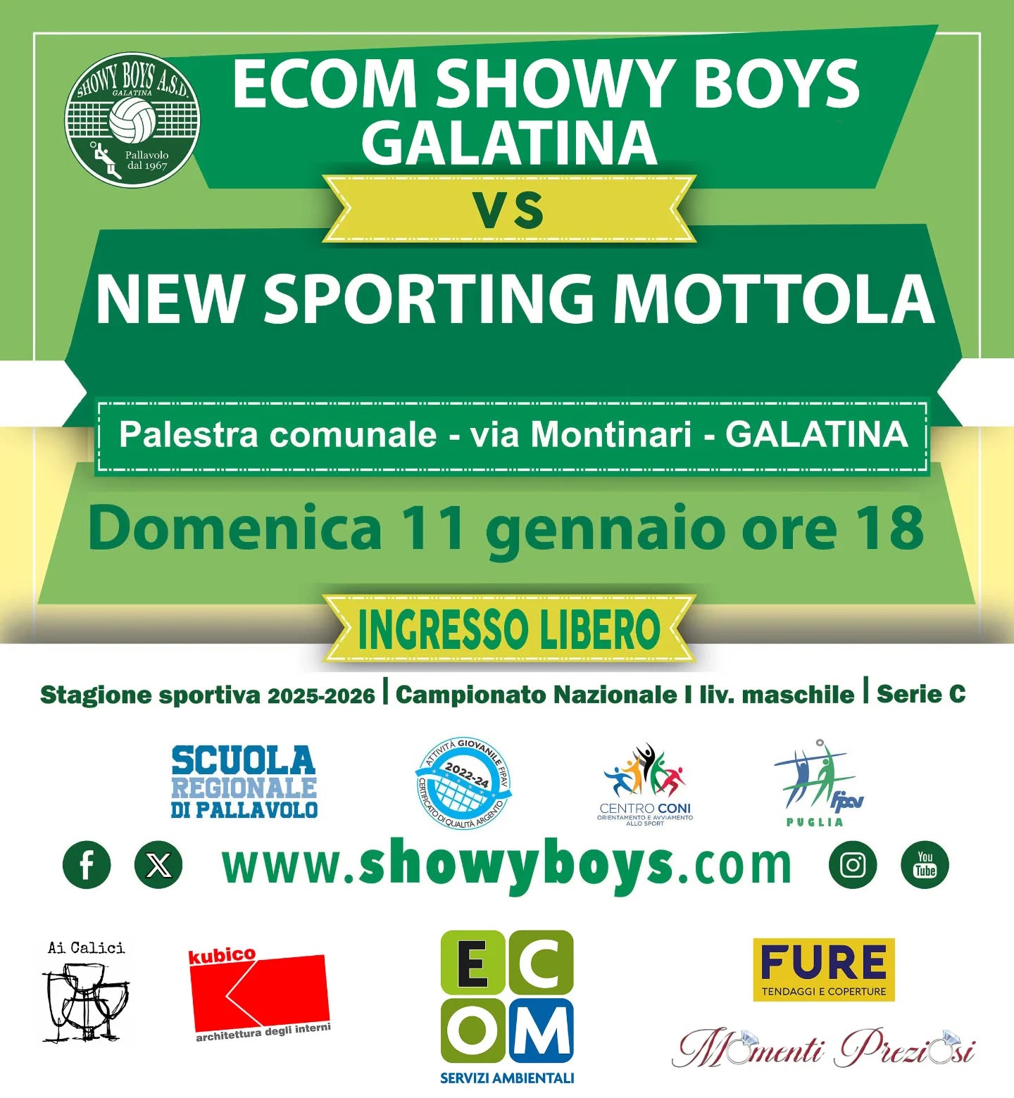 ☑️ Campionato Nazionale I livello Serie C - Il prossimo appuntamento per tifosi e simpatizzanti è Ecom Showy Boys Galatina - New Sporting Mottola in calendario oggi alla palestra comunale di via Montinari a Galatina. Fischio d’inizio alle ore 18.
🫵 Ti aspettiamo!